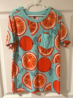 Tea Collection size 10 Aqua Tee with Bold Orange Citrus Print